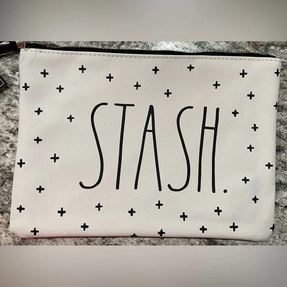 **LOT of FOUR** RAE DUNN White Zippered Faux Leather Cosmetic Bags -  “Stash” - Picture 3 of 3